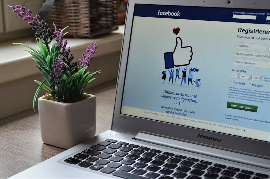 A Lenovo laptop displaying Facebook login beside a lavender plant